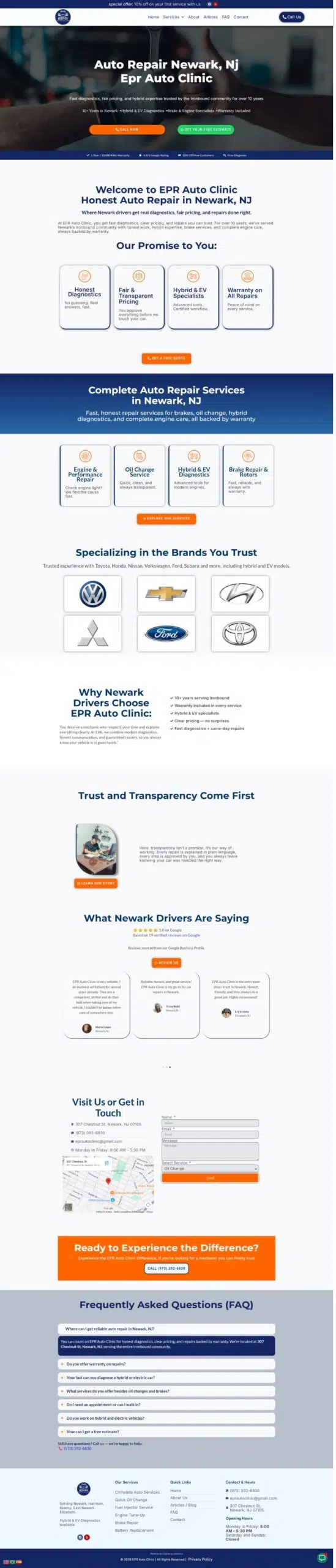 Website portfolio example created by Digital na America for EPR Auto Repair.