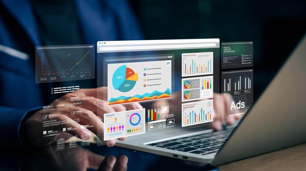 Digital marketing strategy scene representing websites, SEO, ads, branding, and social media.